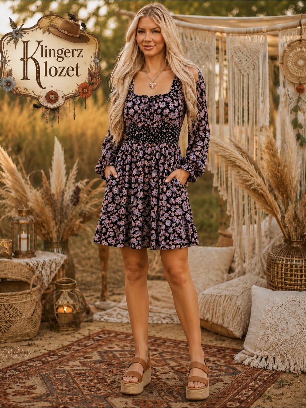 SO Black Floral Smocked Mini Dress with Lavender and Pink Flowers